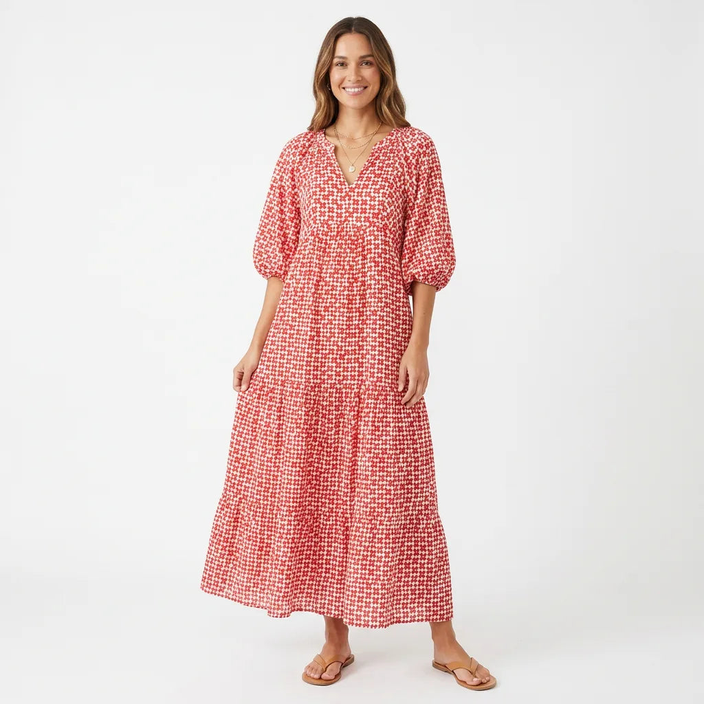 Printed Puff Sleeve Tiered Maxi Dress
