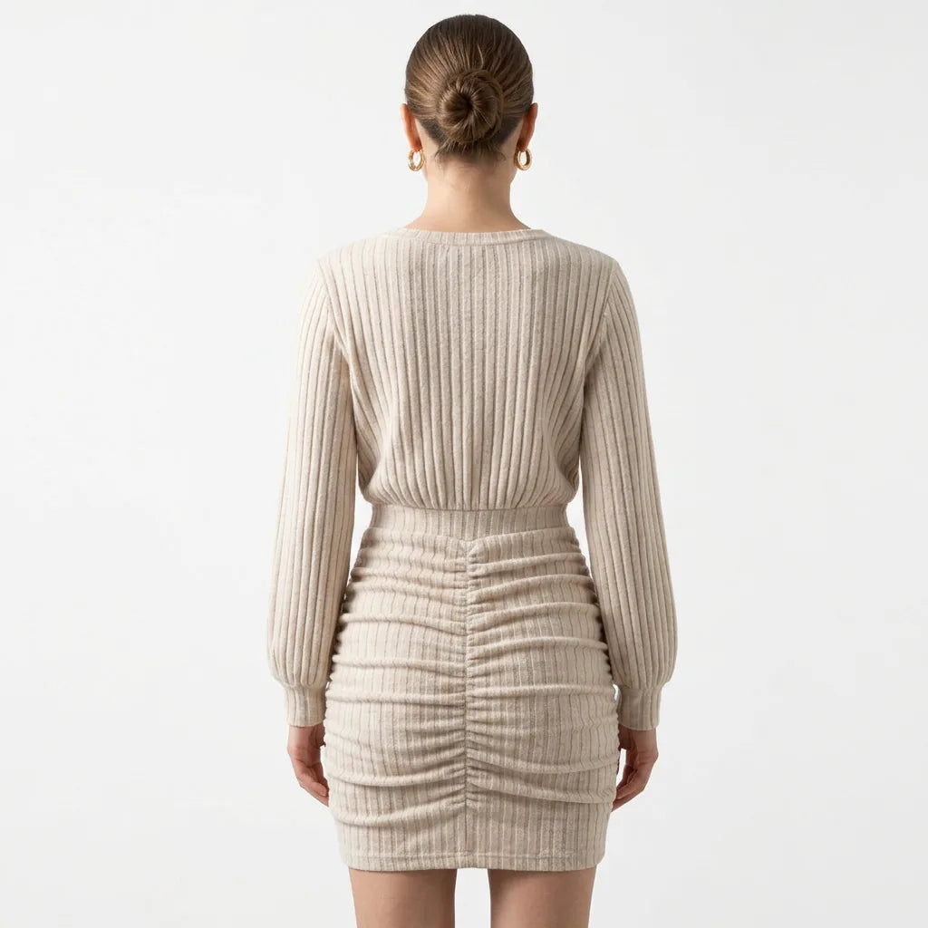 Ribbed Knit Off-Shoulder Wrap Mini Dress