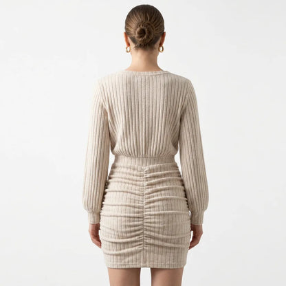 Ribbed Knit Off-Shoulder Wrap Mini Dress