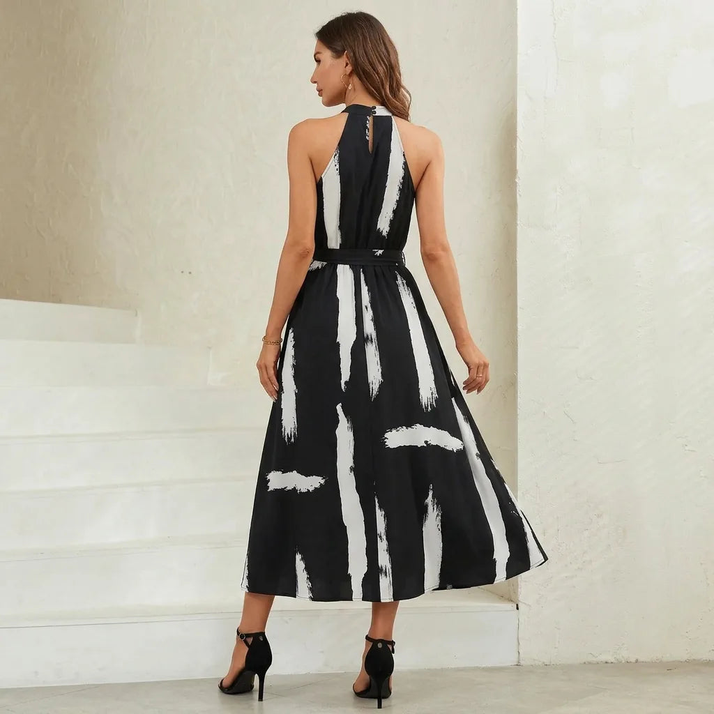 Halter Neck High-Waist Flared Midi Dress