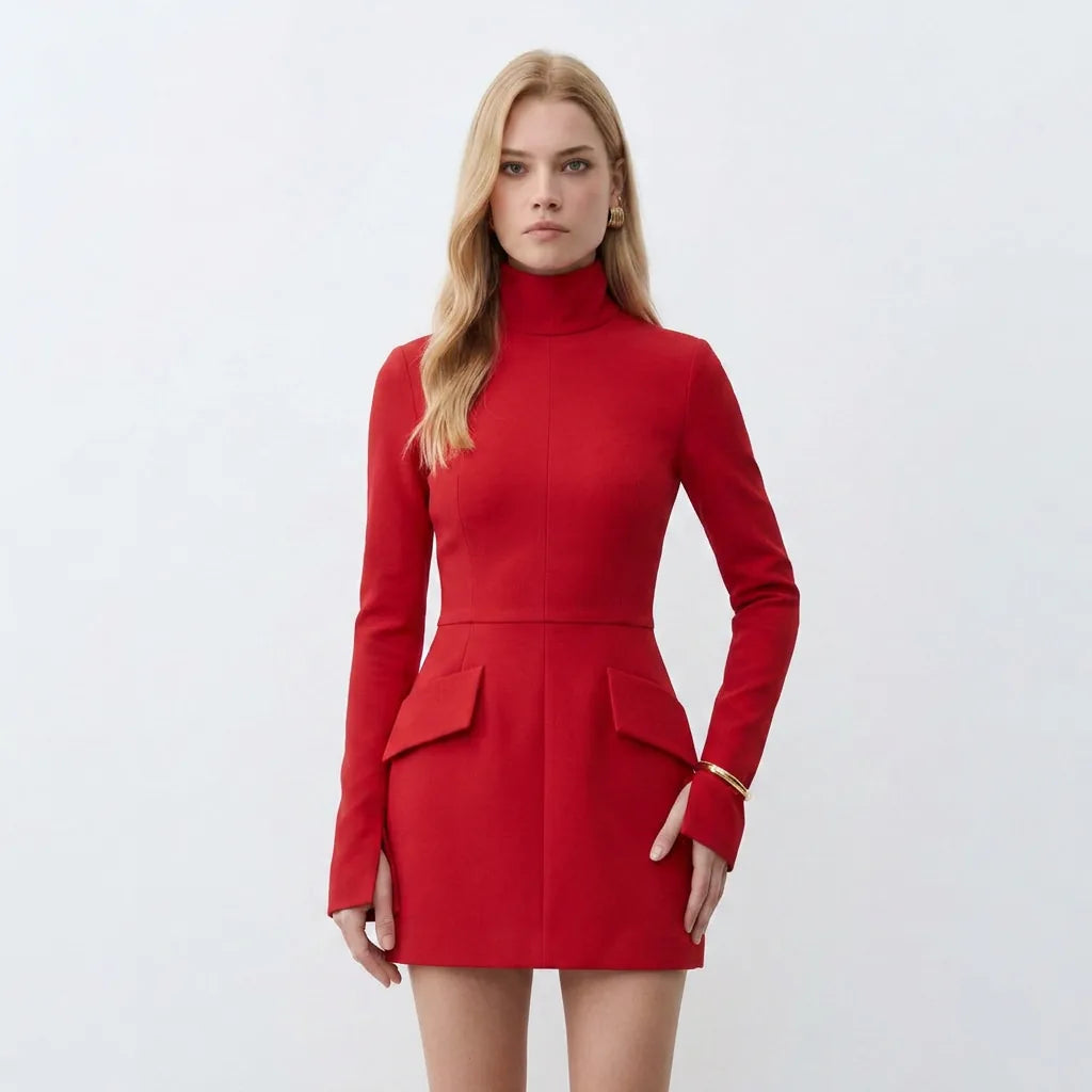 Long Sleeve High Neck Mini Dress with Pocket Flap Detail