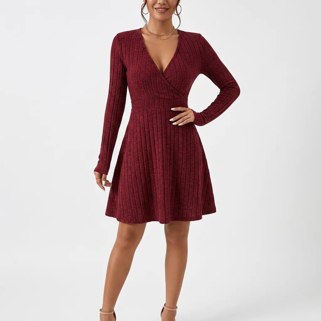 Ribbed Knit Wrap V-Neck Fit & Flare Dress