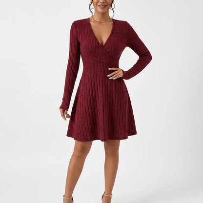 Ribbed Knit Wrap V-Neck Fit & Flare Dress