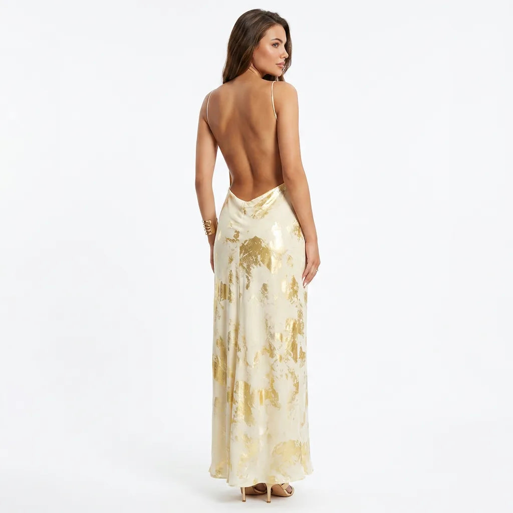 Metallic Gold V-Neck Slip Maxi Dress