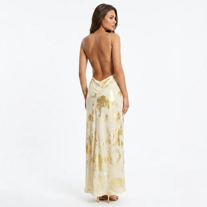 Metallic Gold V-Neck Slip Maxi Dress