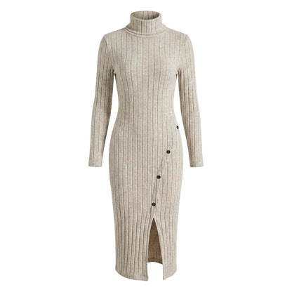 Ribbed Knit Turtleneck Midi Dress with Side Split