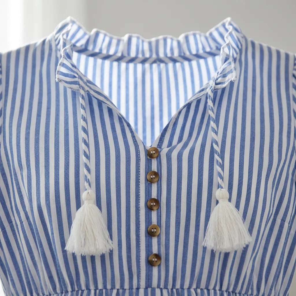 Striped Button-Front Tiered Midi Dress