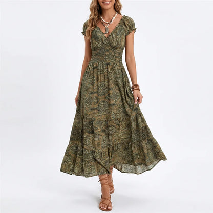 Printed Smocked V-Neck Tiered Maxi Dress