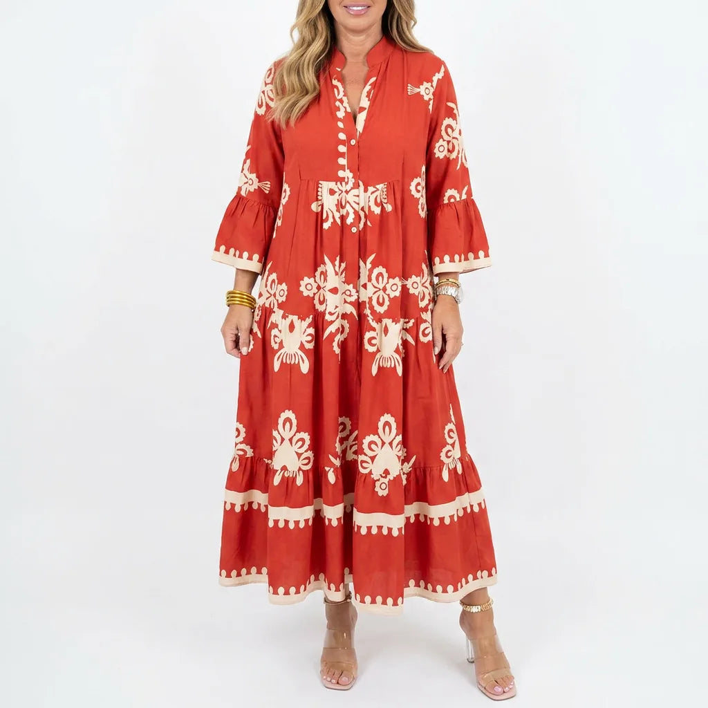 Embroidered Boho Maxi Dress with Three-Quarter Sleeves