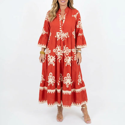 Embroidered Boho Maxi Dress with Three-Quarter Sleeves