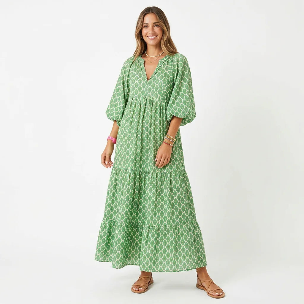 Printed Puff Sleeve Tiered Maxi Dress