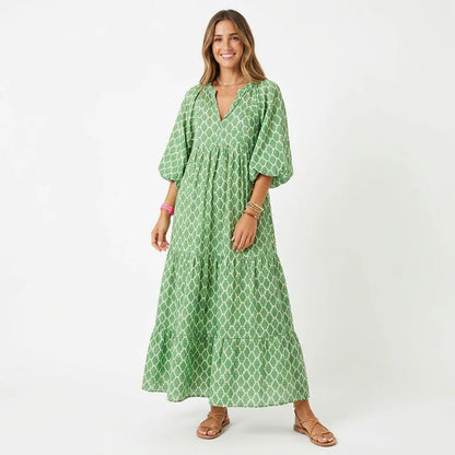 Printed Puff Sleeve Tiered Maxi Dress