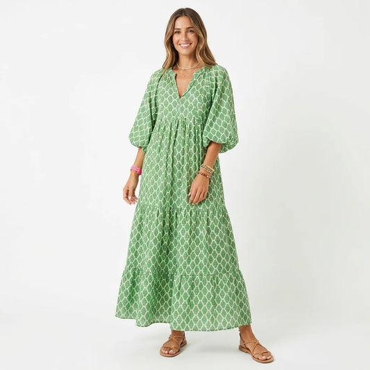 Printed Puff Sleeve Tiered Maxi Dress