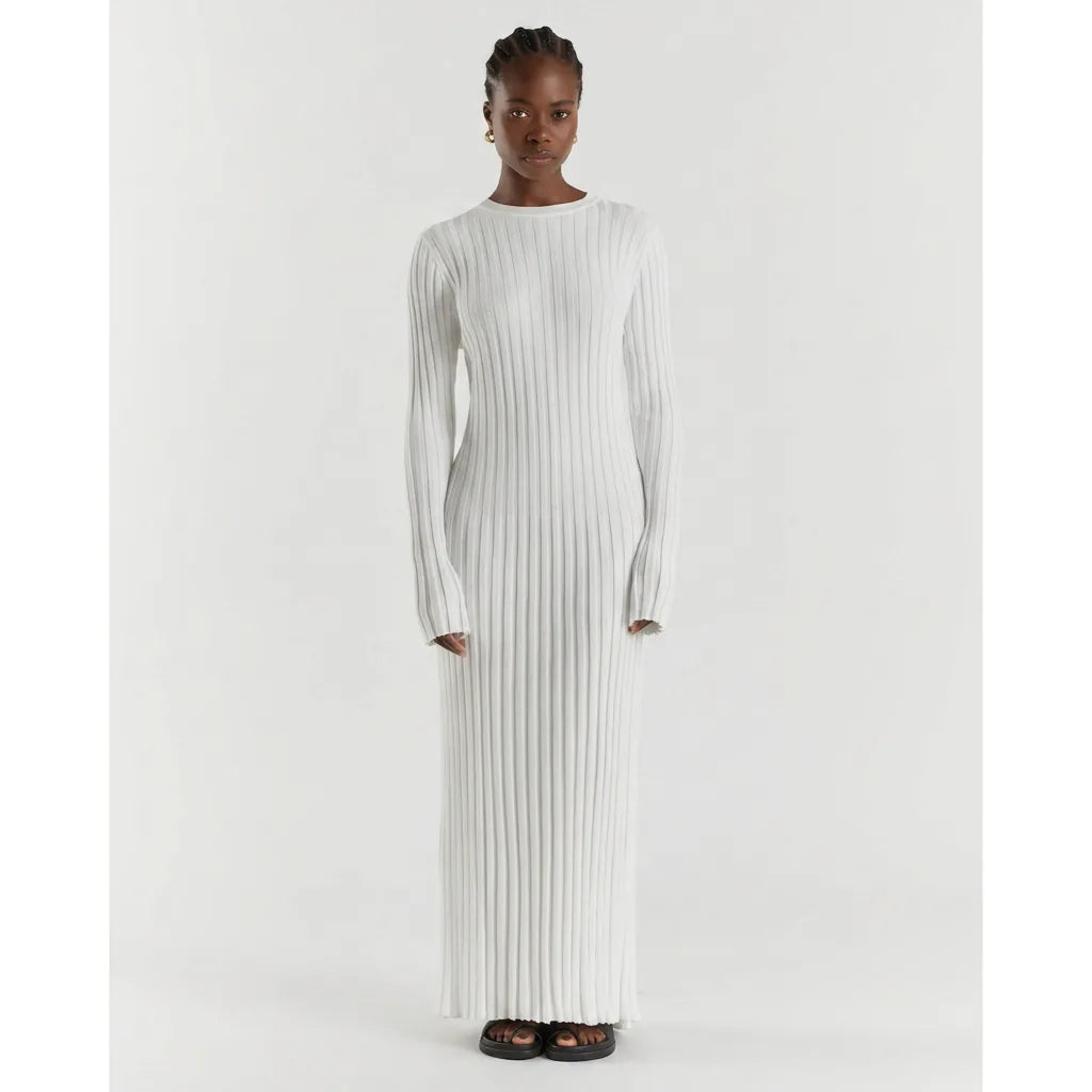 Ribbed Knit Round Neck Long Sleeve Maxi Dress