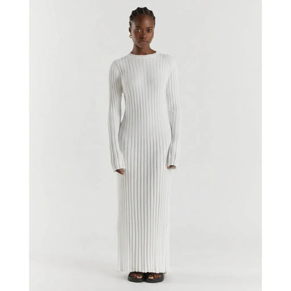 Ribbed Knit Round Neck Long Sleeve Maxi Dress