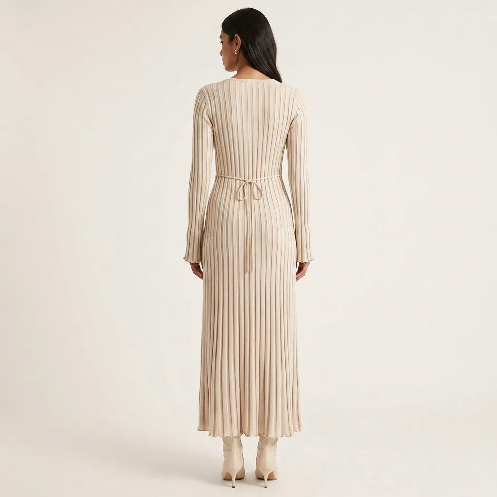 Ribbed Knit V-Neck Long Sleeve Maxi Dress