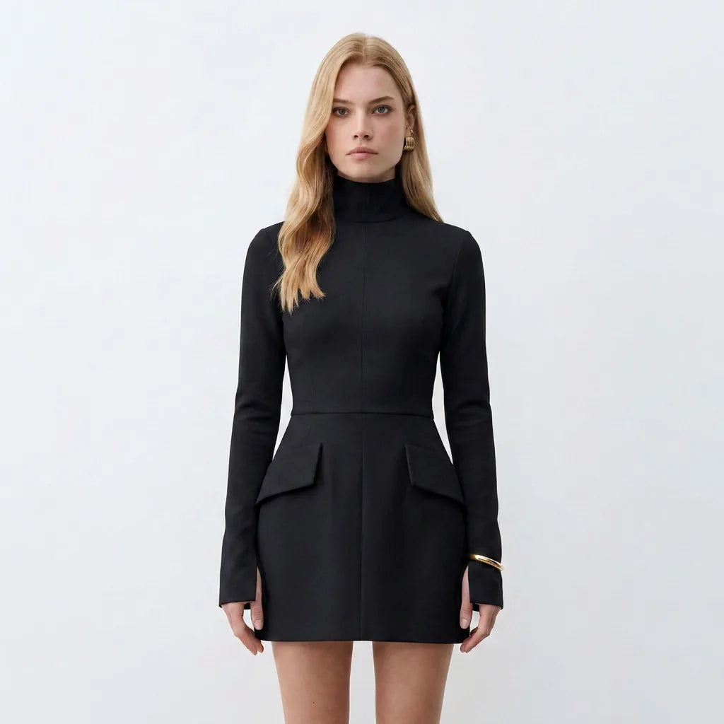 Long Sleeve High Neck Mini Dress with Pocket Flap Detail