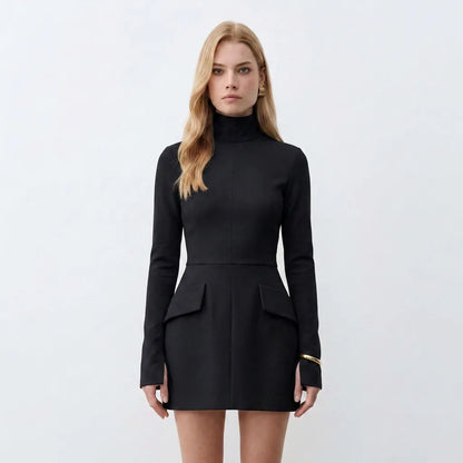 Long Sleeve High Neck Mini Dress with Pocket Flap Detail