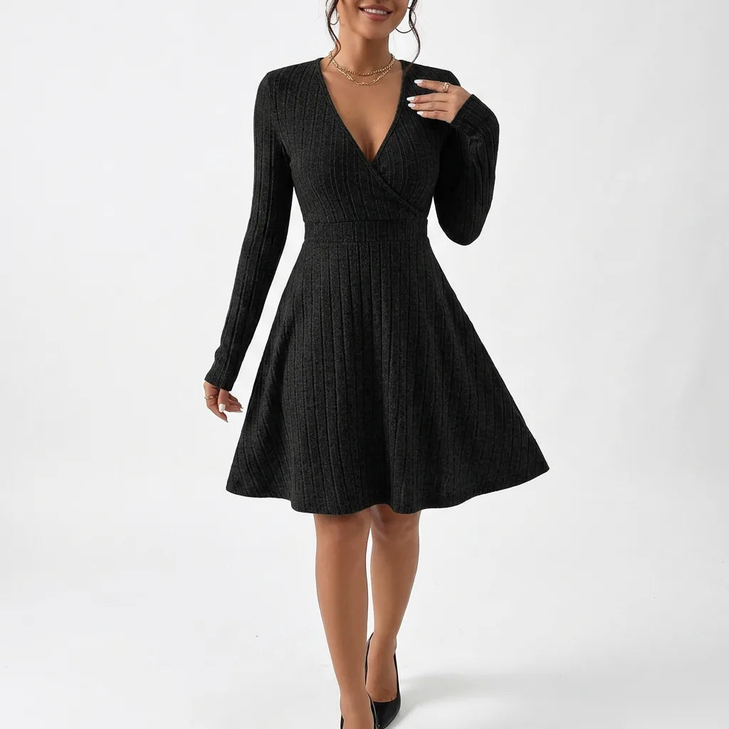 Ribbed Knit Wrap V-Neck Fit & Flare Dress