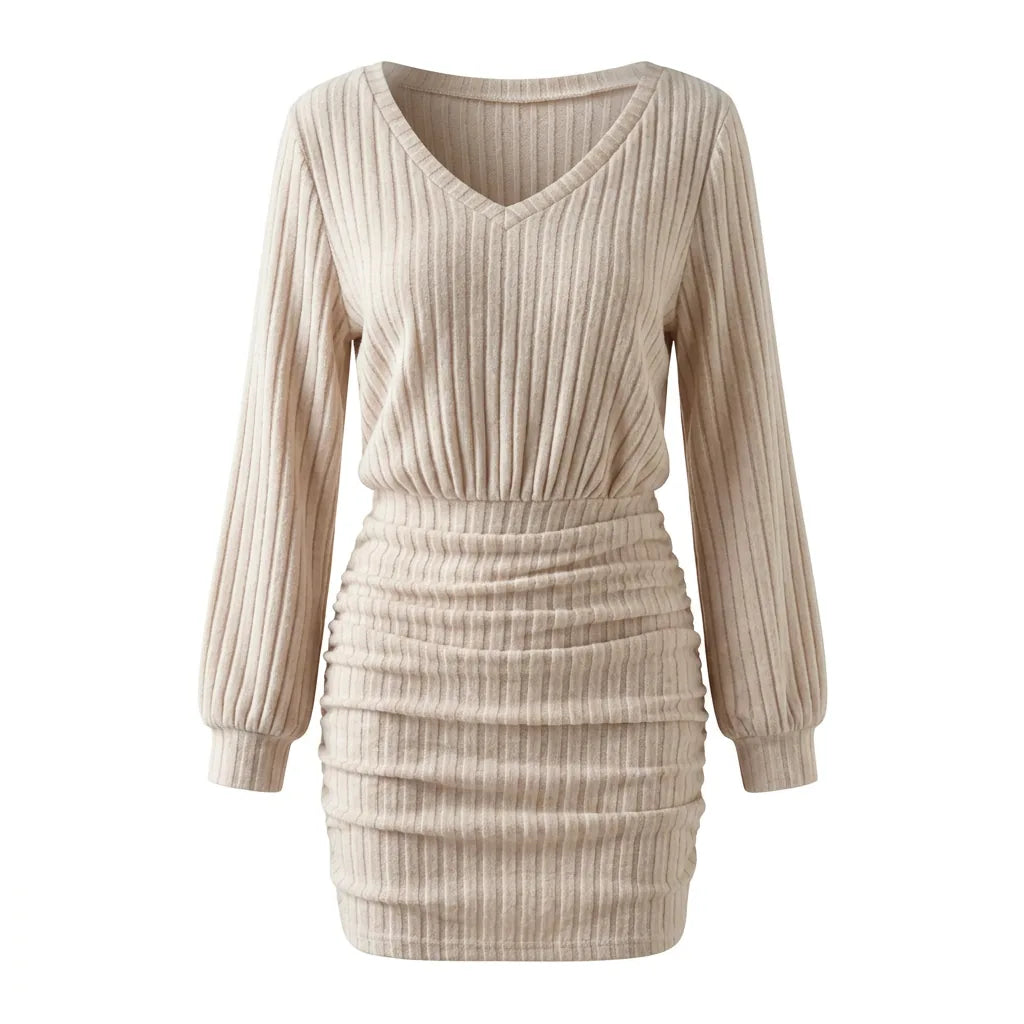 Ribbed Knit Off-Shoulder Wrap Mini Dress