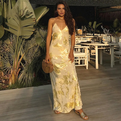 Metallic Gold V-Neck Slip Maxi Dress