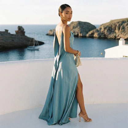 Satin Cowl-Neck Slip Dress with Open Back