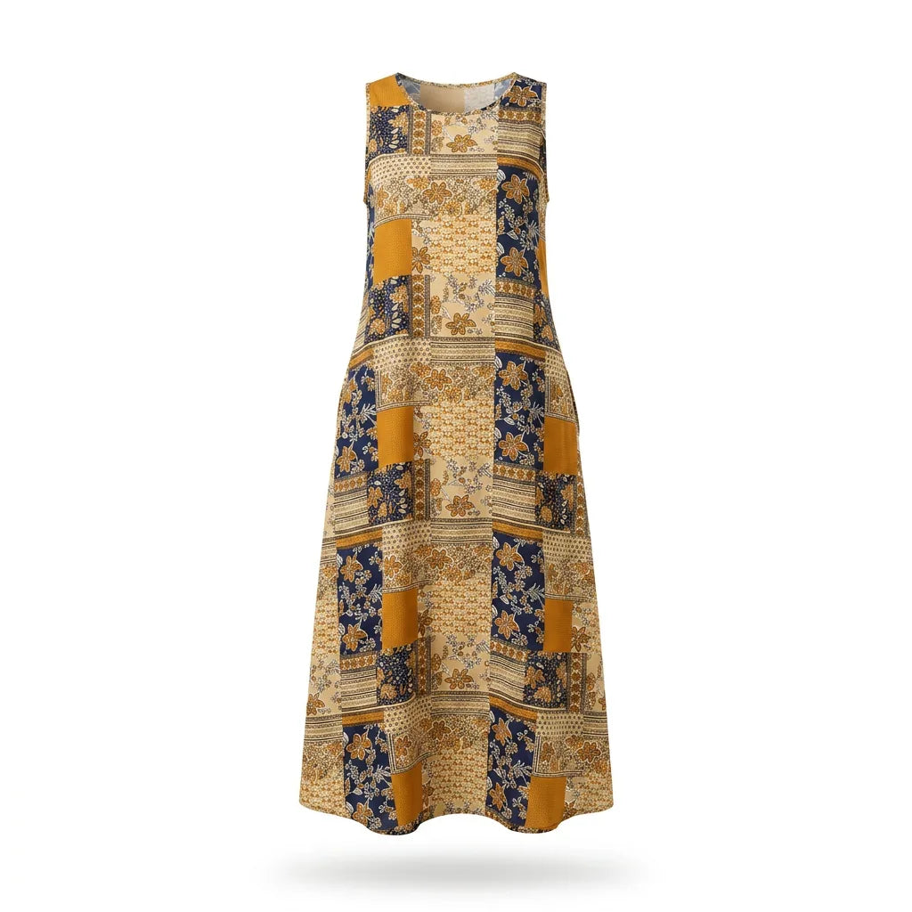 Patchwork Print Sleeveless Maxi Dress with Pockets
