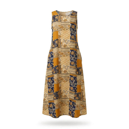 Patchwork Print Sleeveless Maxi Dress with Pockets