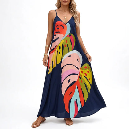Abstract Leaf Print Slip Maxi Dress