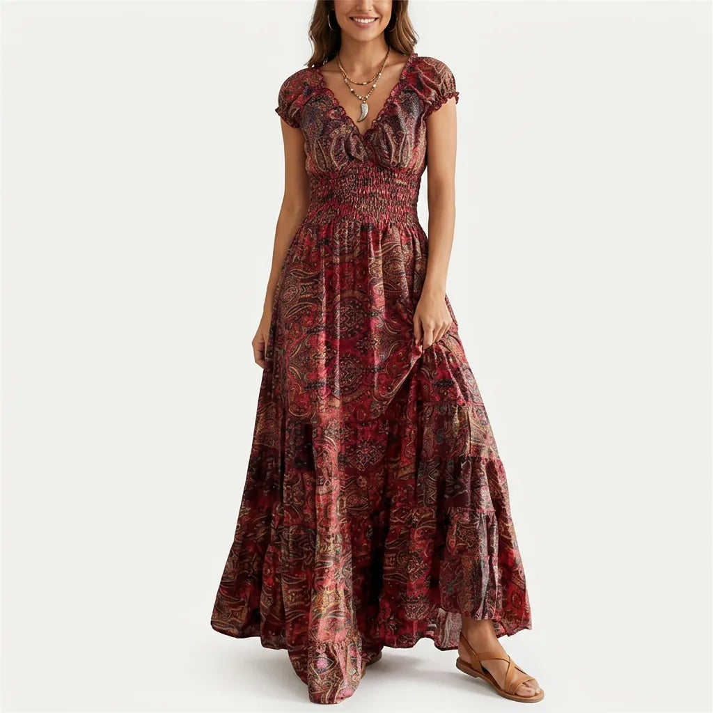Printed Smocked V-Neck Tiered Maxi Dress
