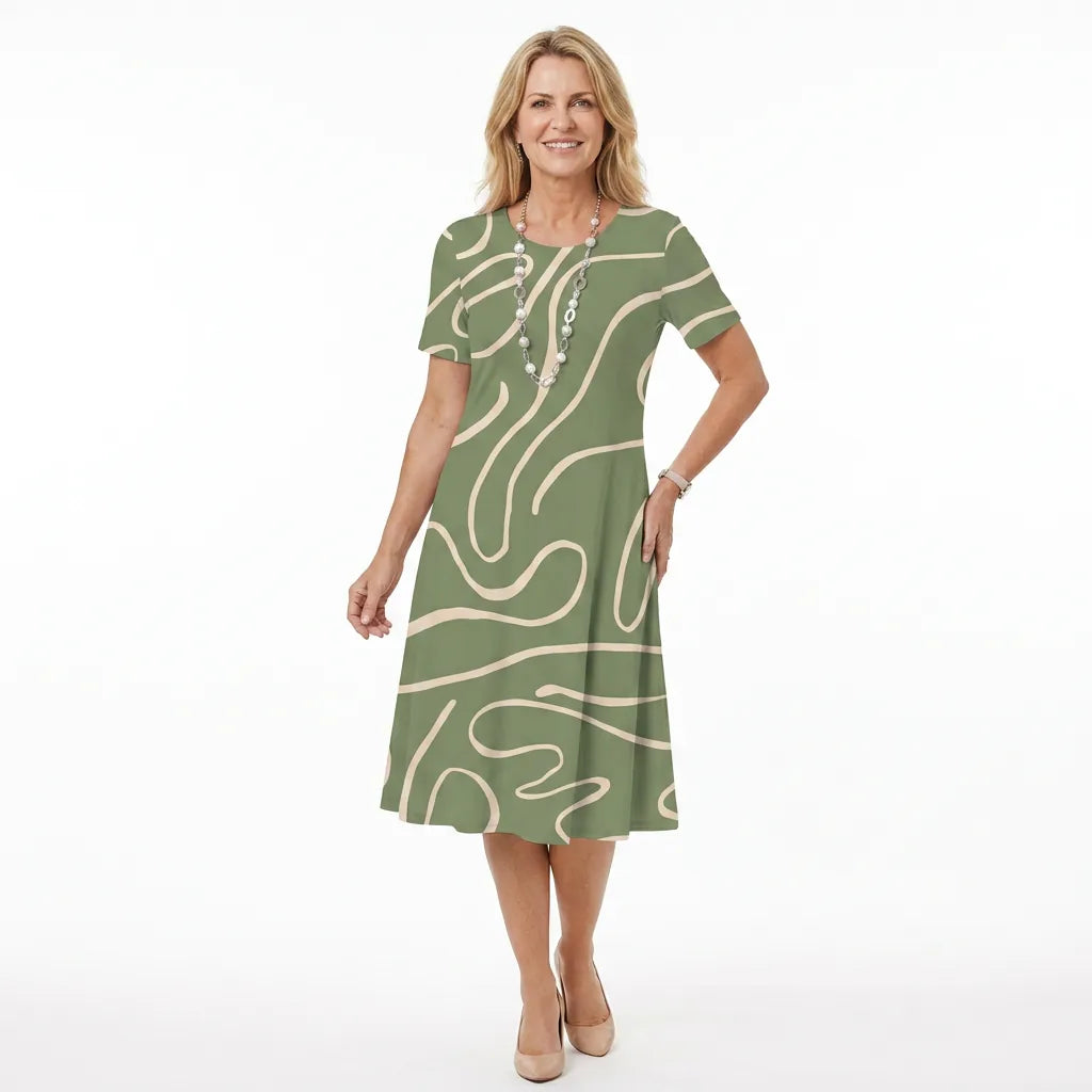 Printed O-Neck Shift Midi Dress
