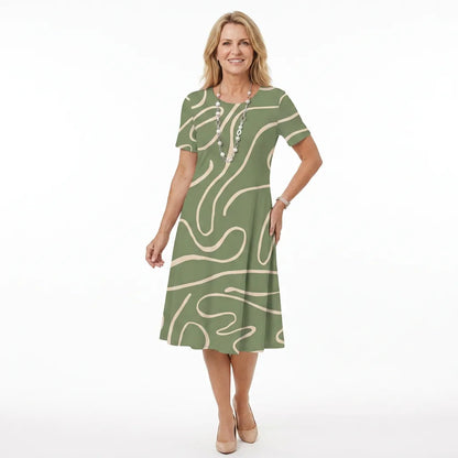Printed O-Neck Shift Midi Dress