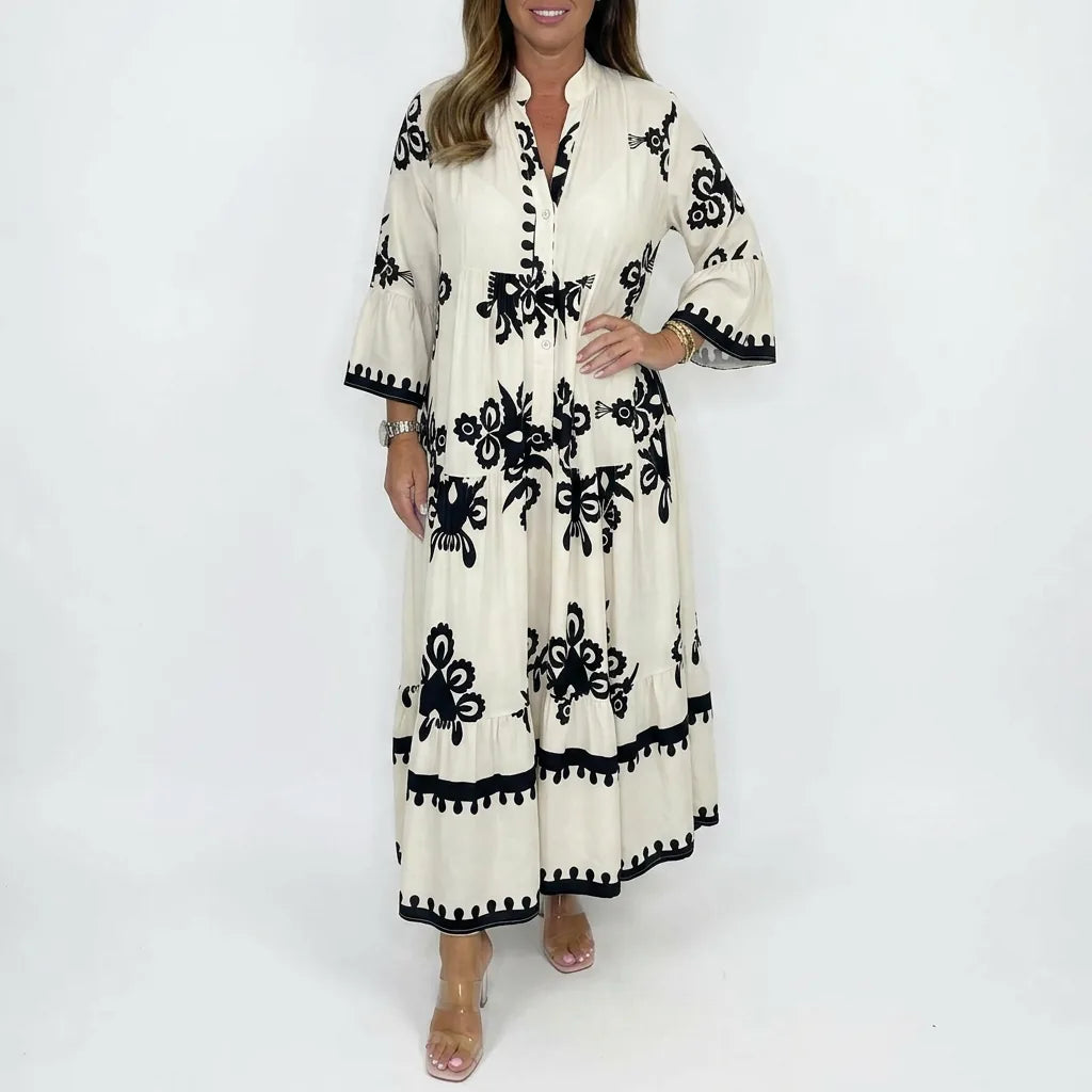 Embroidered Boho Maxi Dress with Three-Quarter Sleeves