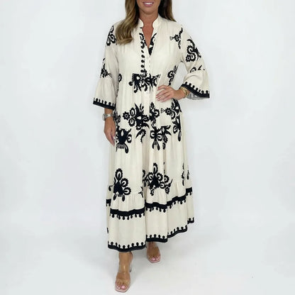 Embroidered Boho Maxi Dress with Three-Quarter Sleeves