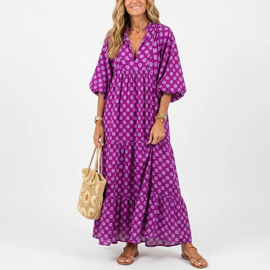 Printed Puff Sleeve Tiered Maxi Dress