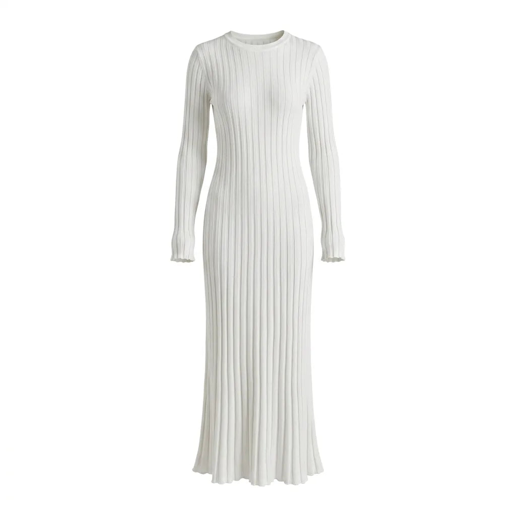 Ribbed Knit Round Neck Long Sleeve Maxi Dress