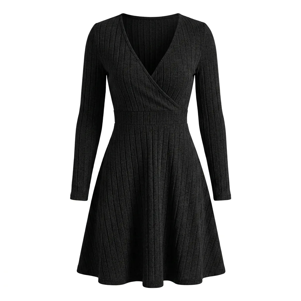 Ribbed Knit Wrap V-Neck Fit & Flare Dress