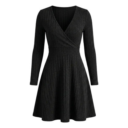 Ribbed Knit Wrap V-Neck Fit & Flare Dress