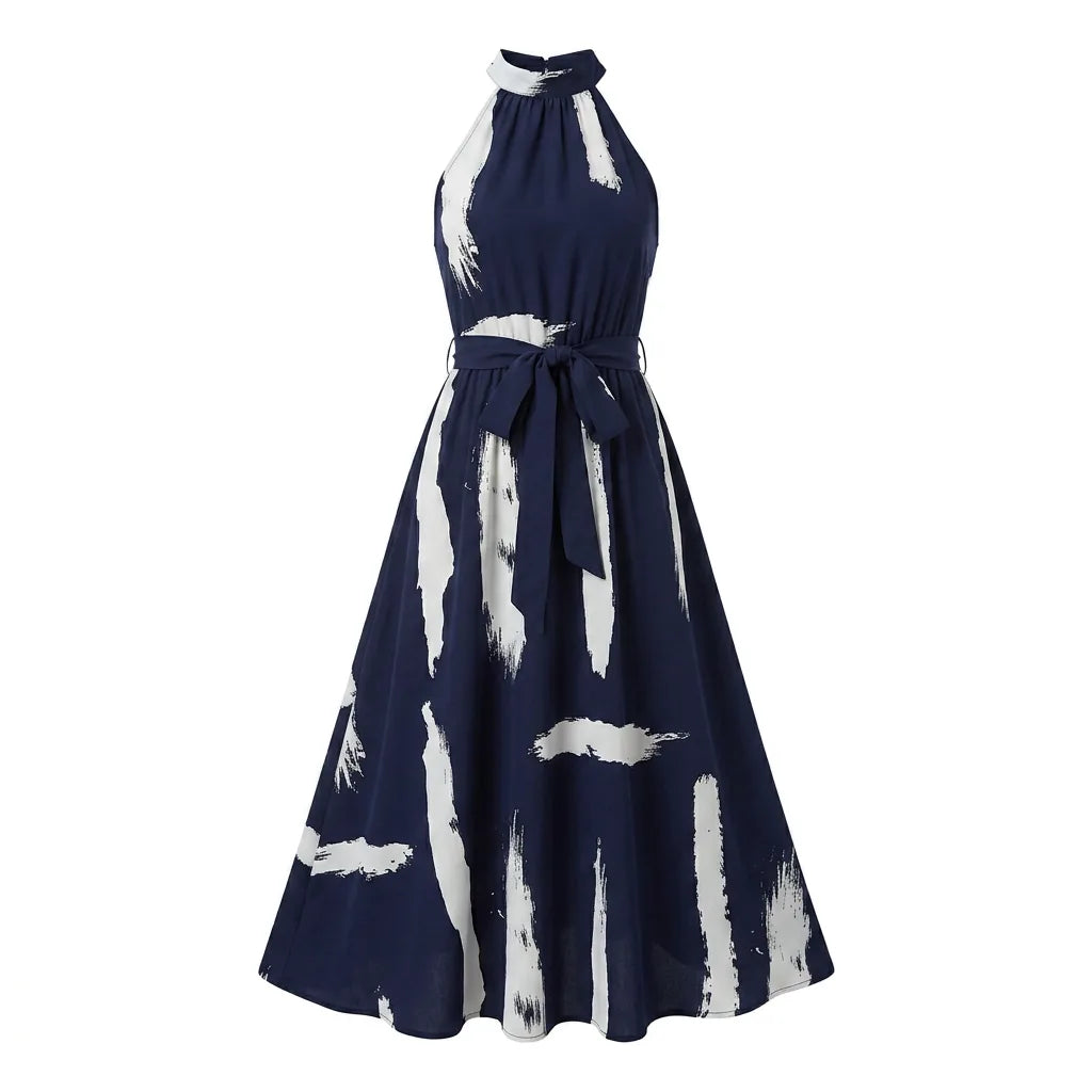 Halter Neck High-Waist Flared Midi Dress