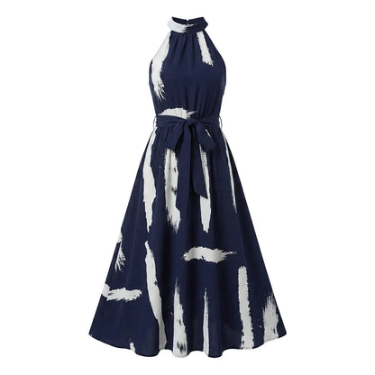 Halter Neck High-Waist Flared Midi Dress