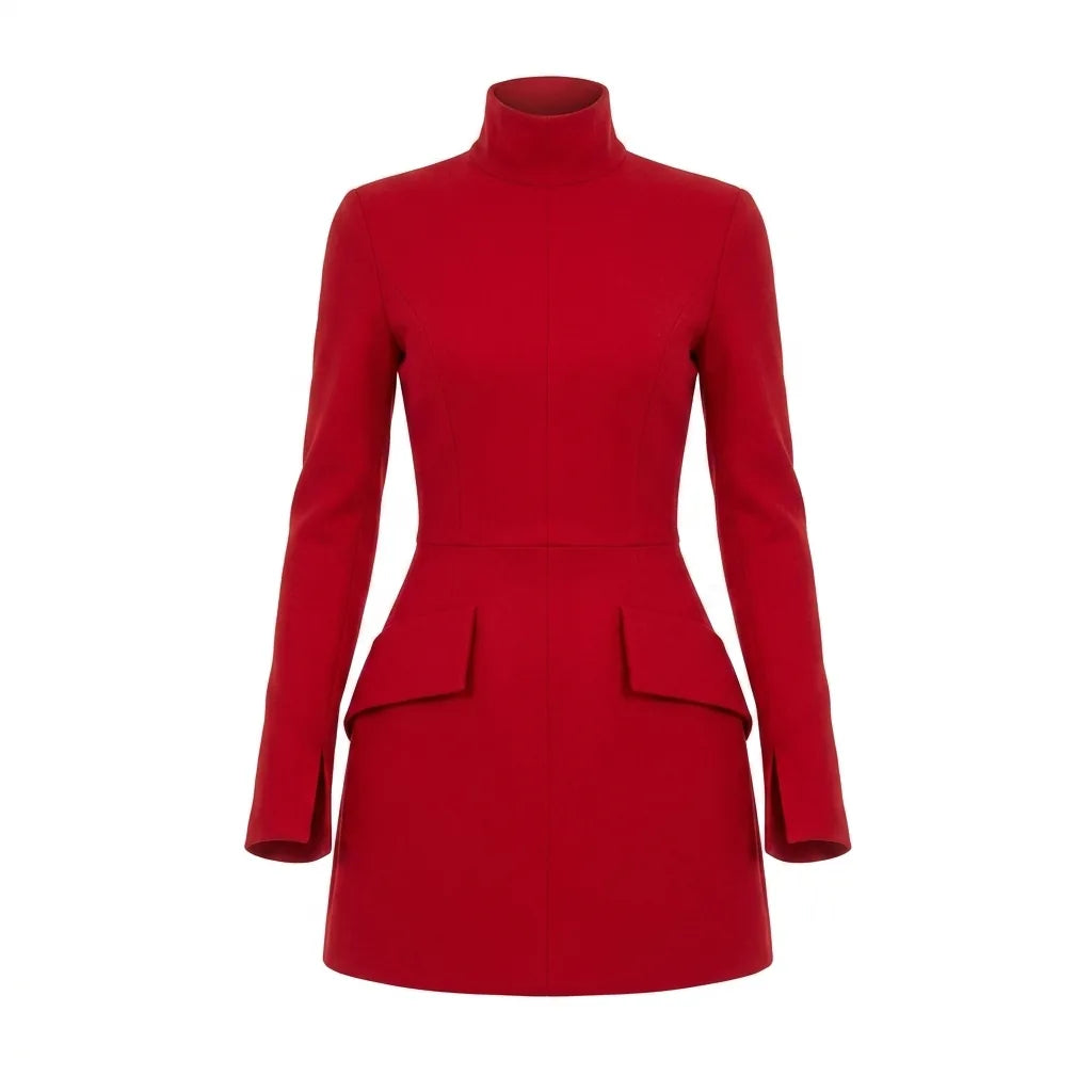 Long Sleeve High Neck Mini Dress with Pocket Flap Detail
