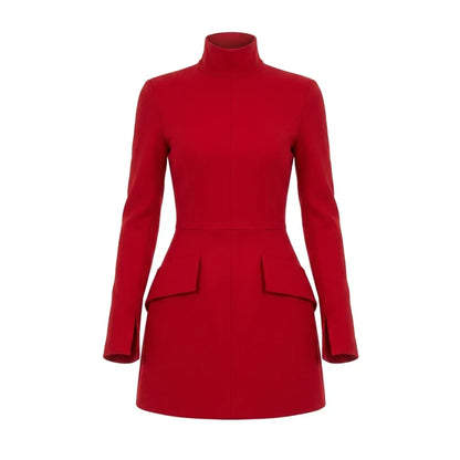Long Sleeve High Neck Mini Dress with Pocket Flap Detail