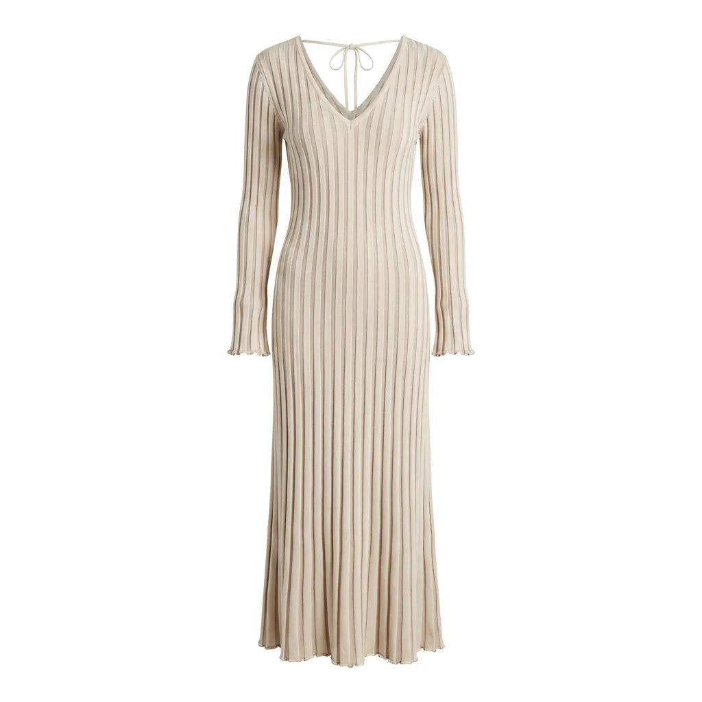 Ribbed Knit V-Neck Long Sleeve Maxi Dress