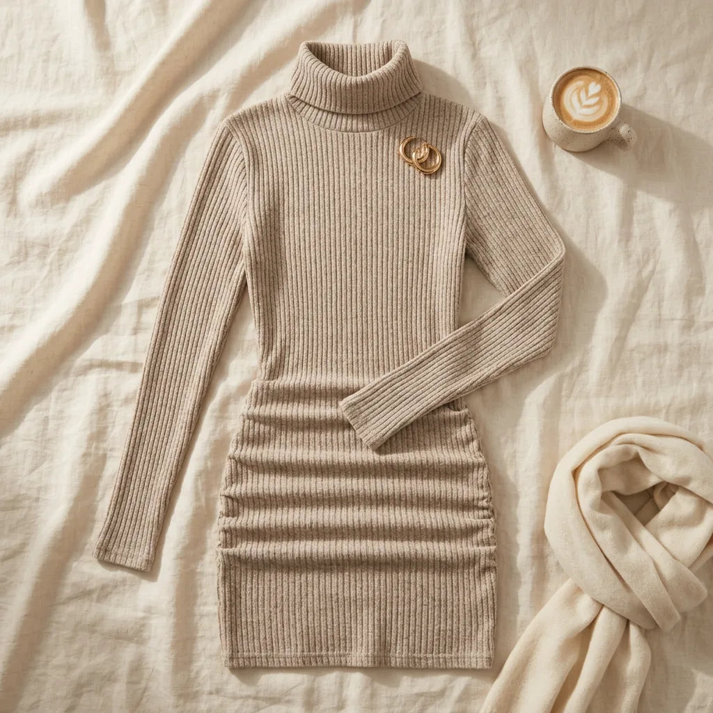 Ribbed Knit Turtleneck Mini Dress