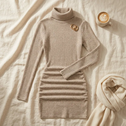 Ribbed Knit Turtleneck Mini Dress