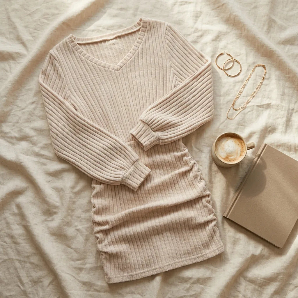 Ribbed Knit Off-Shoulder Wrap Mini Dress