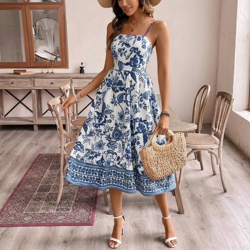 Toile Print Tie-Strap Midi Dress