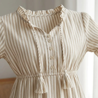Striped Button-Front Tiered Midi Dress