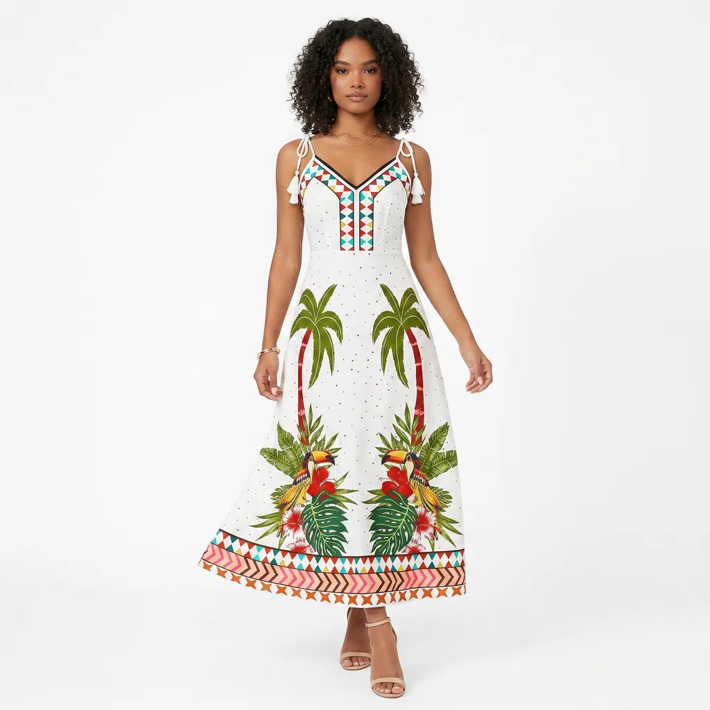 Palm Print Tie-Shoulder Maxi Dress