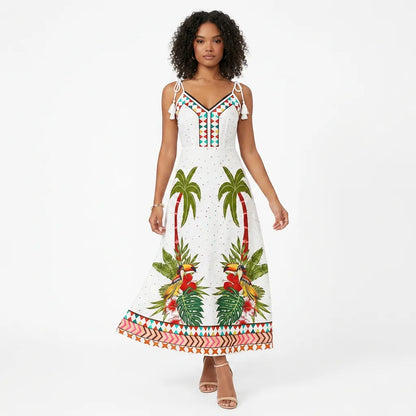 Palm Print Tie-Shoulder Maxi Dress